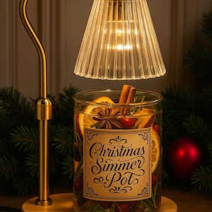 May include: A Christmas simmer pot warmer with a glass shade and a gold-toned metal frame. The glass jar contains orange slices, cranberries, and spices. The label reads "Christmas Simmer Pots".