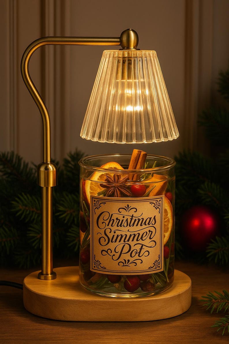 May include: A Christmas simmer pot warmer with a glass shade and a gold-toned metal frame. The glass jar contains orange slices, cranberries, and spices. The label reads "Christmas Simmer Pots".
