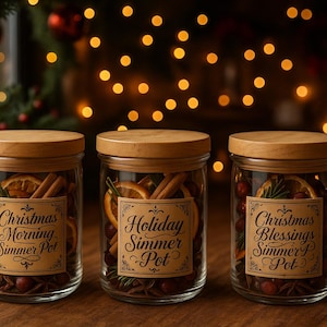 May include: Three glass jars with wooden lids, filled with dried fruit, spices, and berries. Each jar has a label that reads "Christmas Morning Simmer Pot", "Holiday Simmer Pot", and "Christmas Blessings Simmer Pot". The jars are on a wooden surface.