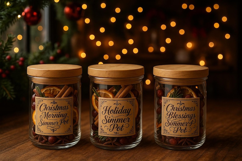 May include: Three glass jars with wooden lids, filled with dried fruit, spices, and berries. Each jar has a label that reads "Christmas Morning Simmer Pot", "Holiday Simmer Pot", and "Christmas Blessings Simmer Pot". The jars are on a wooden surface.