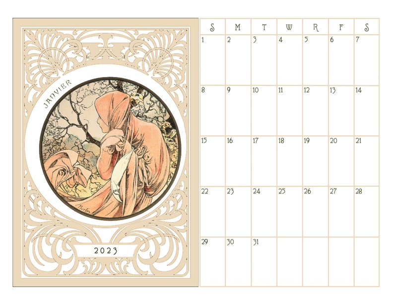Printable Calendar 2023 2024 Alphonse Mucha Months of the Year Etsy