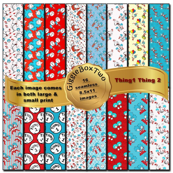 Thing 1 et Thing 2 Seamless Design formatés pour 8,5 x 11 par GiggleBoxTwo.  Papier, Tissu, Scrapbook, Design, Stationnaire, Clip Art