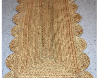 Natural Jute Rug Designed Scallops Bordered Handmade Area Rug for Living Room Bedroom Bohemian Style Rustic Look Rugs