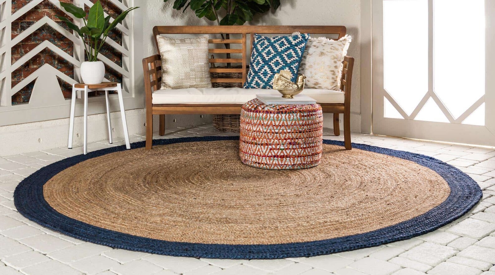 Jute Rug Natural Blue Bordered Jute Round Rug Handmade Natural Etsy
