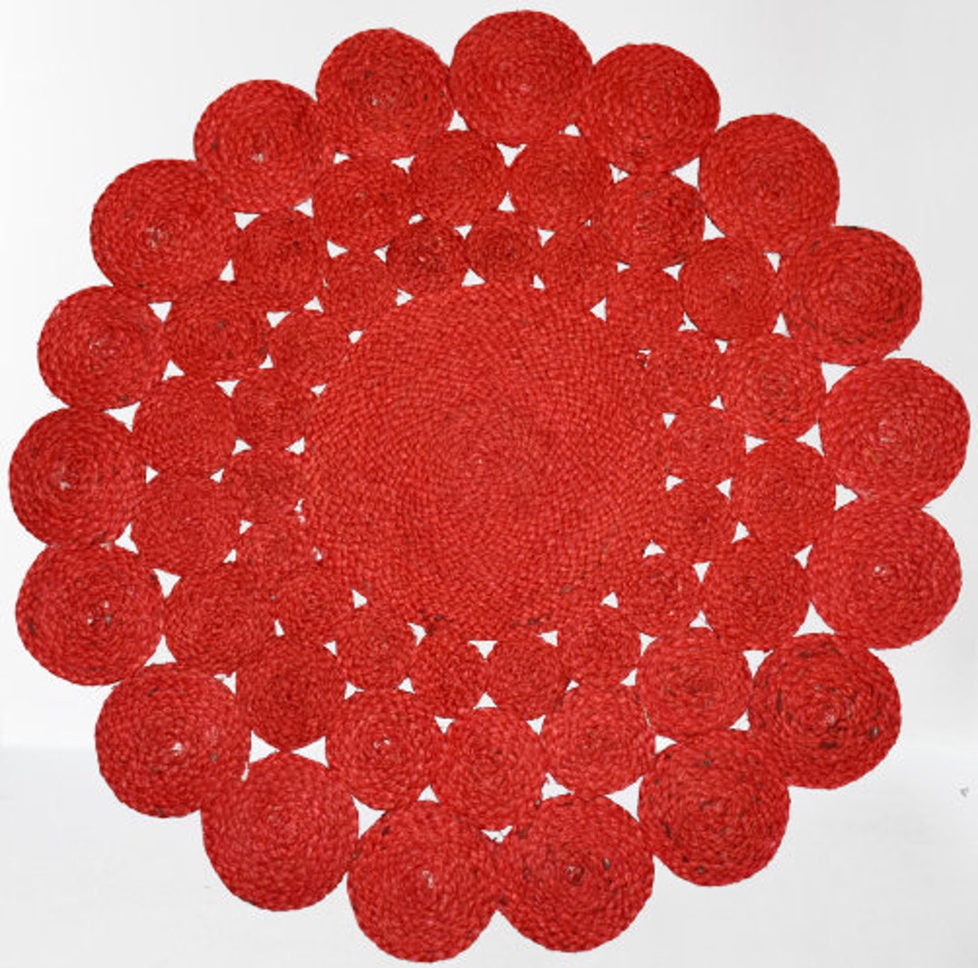 Red Jute Rug Round Hand Braided Circle Design Area Rug, Custom Size