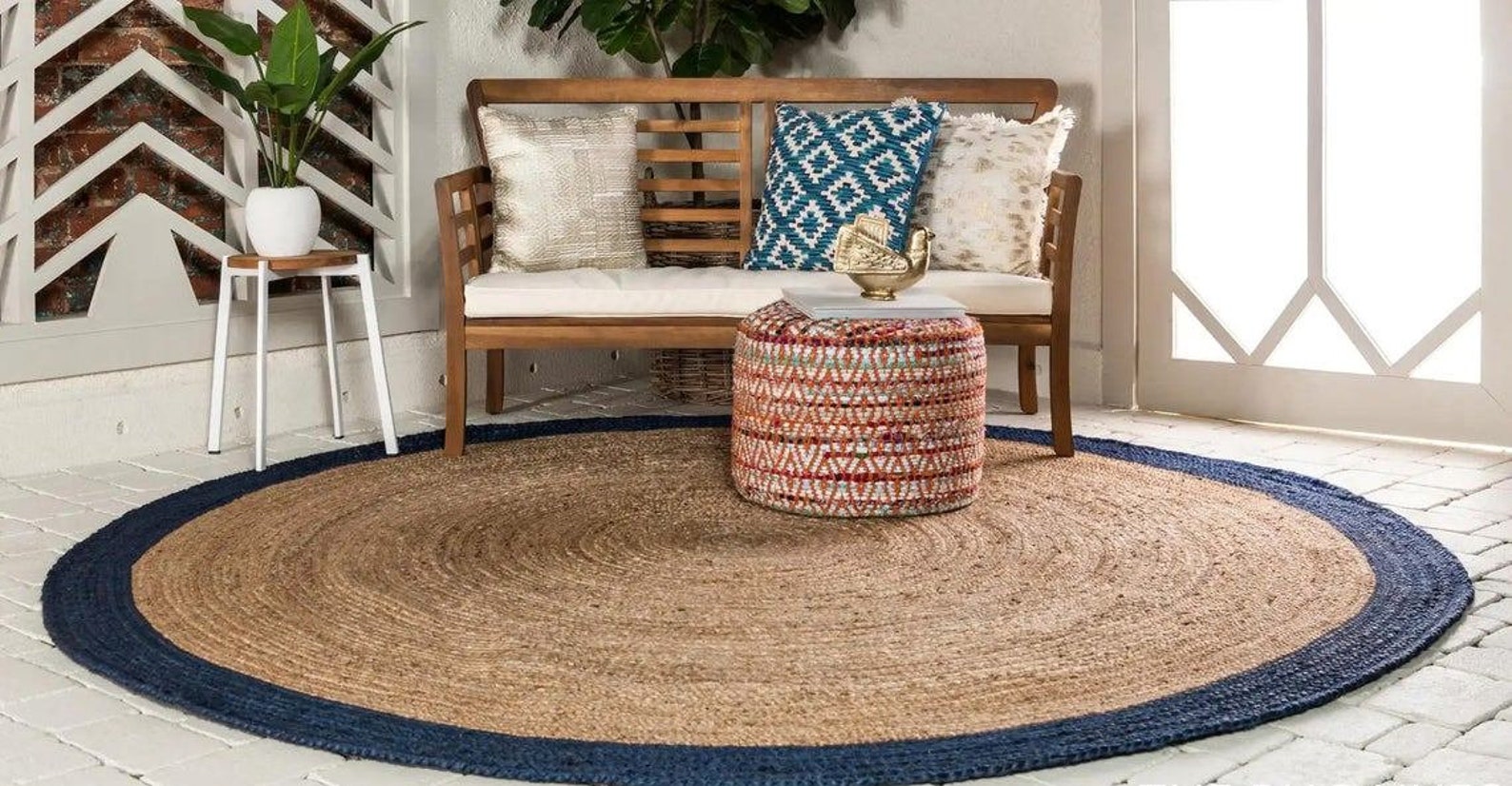 Ripaz Hand Braided Jute Rug Beige With Blue Border Area Rug Etsy