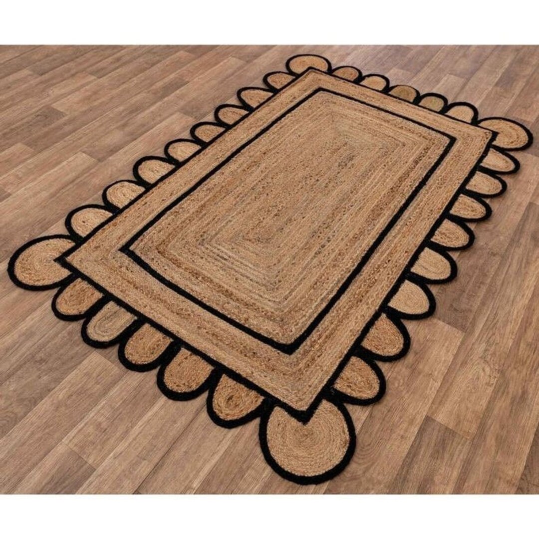 Scallops Jute Rug Black Border Natural Jute Handmade Square Etsy
