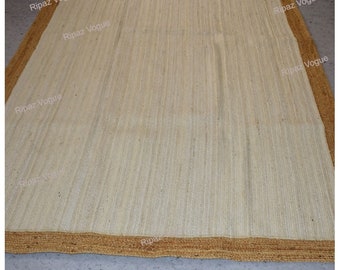 Jute Rug Rectangle Runner White with Beige Border Hand Braided Area Rug / Custom Size Available