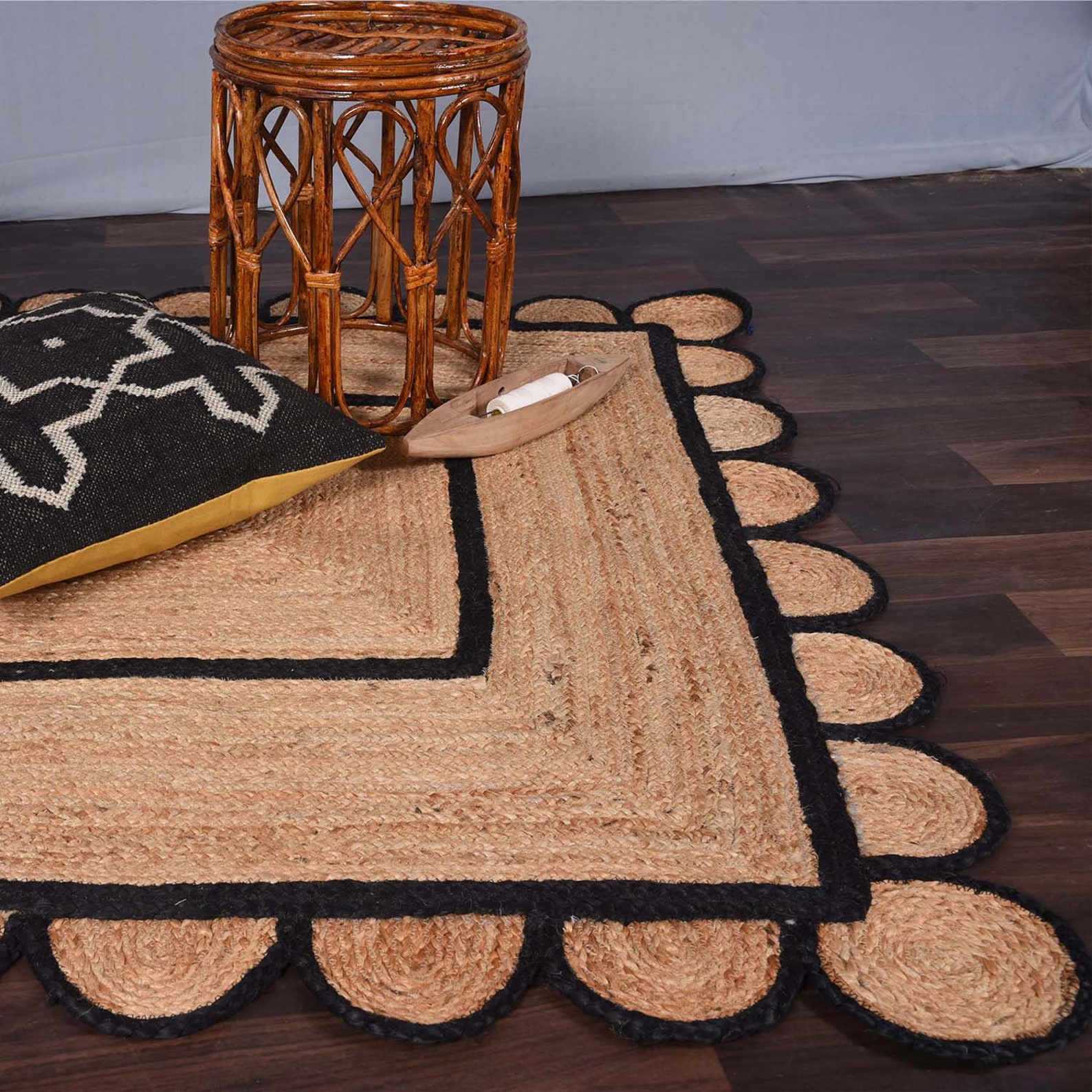 Scallops Jute Rug Black Border Natural Jute Handmade Square Etsy