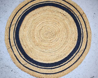 Floor Carpet for Living Room in Natural Jute Beige Blue Line Hand Braided Area Rug for Home Decor