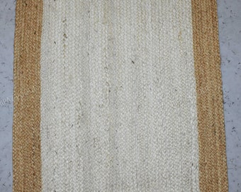 Floor Carpet Rugs in Jute Handmade Carpet White with Beige Border Living Room Area Rug Indian Jute Rug 8x10 ft, 9x12 ft