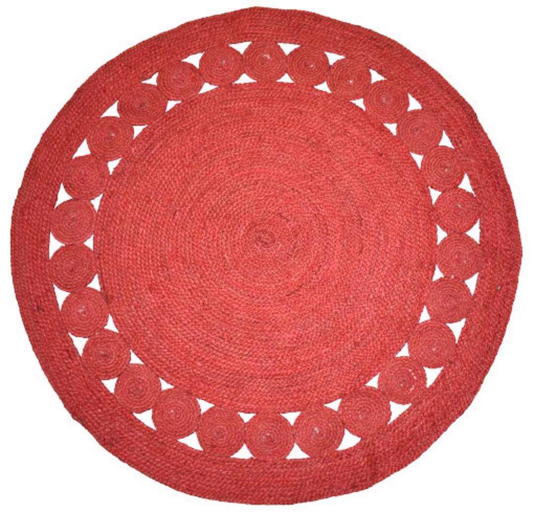 Red Jute Rug Circle Design Braided Farmhouse Jute Area Rug for Living