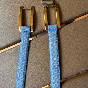 Può includere: Due cinturini azzurri testurizzati con un motivo simile alla pelle di serpente, ciascuno fissato a una fibbia rettangolare in metallo dorato. Una fibbia presenta un componente metallico argentato aggiuntivo sulla parte superiore, l'altra è una cornice dorata.