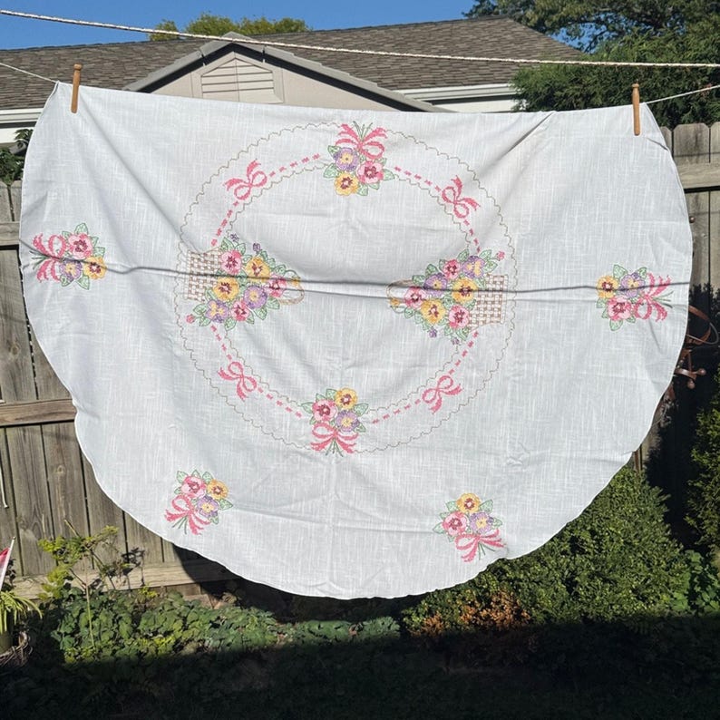 Cross Stitched Floral Embroidered Tablecloth Round
