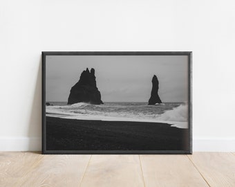 Iceland Black Sand Beach | Reynisfjara Print | Vik Landscape Print | Original Photography | Nordic Wall Art | Black and White | Monochrome