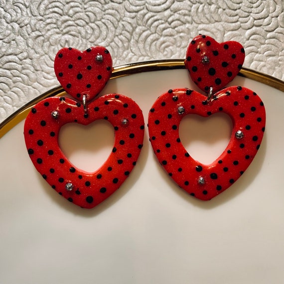 Pink Polka Dot Heart Earrings | Polymer Clay earrings