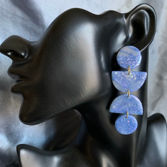 Handmade Blue Geometric Shaped Earrings | Polymer Clay Drop Earrings