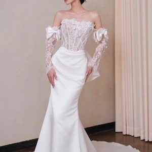 Modern Satin & Lace Mermaid Wedding Dress – Strapless Bodice, Detachable Bow and Sleeves Included, Custom made by ChinsuLee