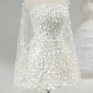Romantic Short Lace Bridal Dress – Strapless Bodice, Includes Veil & Gloves, Custom made by ChinsuLee