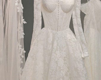 Elegante vestido de novia de encaje de manga larga – Cuello alto, estilo boda real, hecho a medida por ChinsuLee