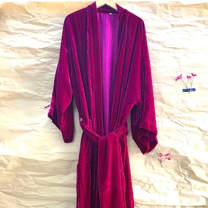 Silk velvet robe kimono with pocket and belt, 100% silk lined, Velvet hot pink, comfortable robe in various colors, Tailor made, custom made