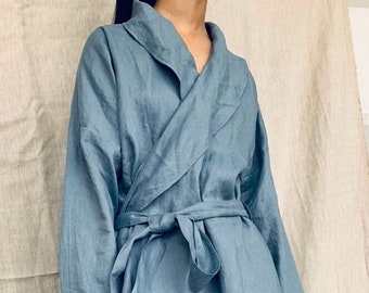 Reines Leinen Kleid, Morgen Leinen Kleid, Frauen Robe, Spa Robe, Bequemes Kimono Kleid mit Gürtel, Morgenmantel, Leinen Bademantel, Plus Size