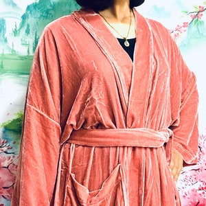 Silk velvet robe kimono, pocket and belt, no lined, Velvet Nightgown Robe, Mulberry Silk tea Length, bohemian robe, 50+ colors, custom made