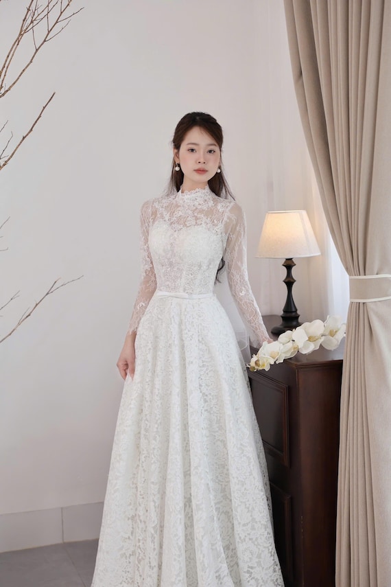 High Neck Lace Long Dress, Delicate Waist Accent, Gentle Long Sleeves,  Custom Made by Chinsulee