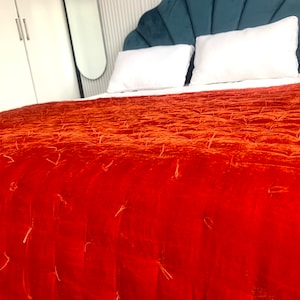 Luxury silk velvet blanket comforter duvet, coverlet, throw, Real Silk Bedding Sets, box handstitched, Rust orange, Custom size and color