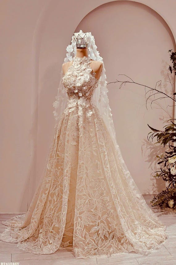 halter neck sheath wedding dress – Nude Embroidered Lace, Custom Made by Chinsulee hiit