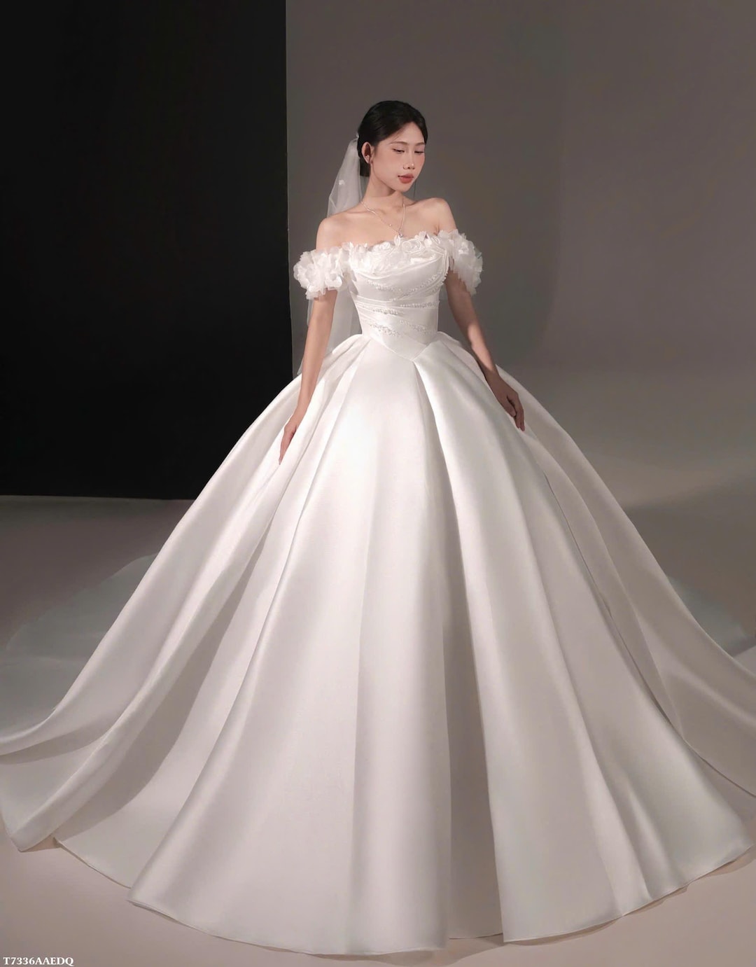 V-Neck Satin Gown with Pleated Off-Shoulder Detail Pearl Pink main image 0