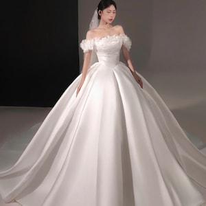 Elegant Satin Off-Shoulder Gown – Flattering V Waist, Handmade Tulle Flower Accent, Custom made by ChinsuLee