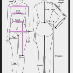 Puede incluir: Diagrama que ilustra las medidas corporales para el dise&ntilde;o de ropa. La imagen muestra una vista frontal y posterior de una figura con puntos de medici&oacute;n etiquetados, incluyendo busto, cintura, caderas y largo de manga. El diagrama es en blanco y negro con l&iacute;neas rosas.