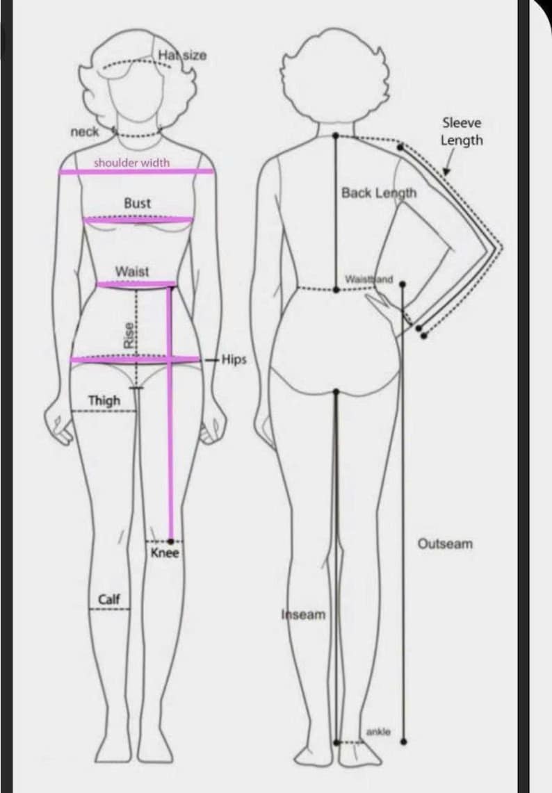 Puede incluir: Diagrama que ilustra las medidas corporales para el dise&ntilde;o de ropa. La imagen muestra una vista frontal y posterior de una figura con puntos de medici&oacute;n etiquetados, incluyendo busto, cintura, caderas y largo de manga. El diagrama es en blanco y negro con l&iacute;neas rosas.