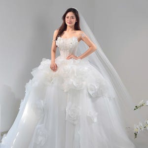 Dreamy Strapless Wedding Dress – Voluminous Skirt, Handcrafted 3D Rose Detail, Custom made by ChinsuLee