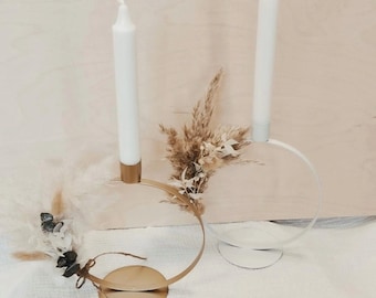 Kerzenständer mit Trockenblumen | Kerzenhalter in Gold und weiß | Trockenblumenring Gold | Geschenkidee