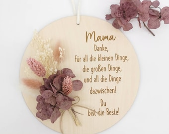 Mother's Day gift wooden sign with dried flowers | Door wreath | Saying Thank you mom | Sayings sign | Birthday gift | Gift for Mother's Day