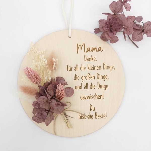 Muttertagsgeschenk Holzschild mit Trockenblumen | Türkranz | Spruch Danke Mama | Sprüche Schild | Geburtstagsgeschenk |Geschenk zu Muttertag