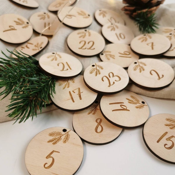 Adventskalender Zahlen aus Holz | Adventszeit | Anhänger 1-24 |  Holzschild Mistelzweig