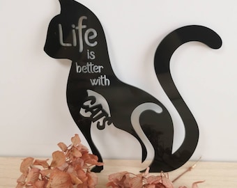 Katze | Schwarze Katze | Acryl | Life is better with cats | Deko Katze | Geschenk