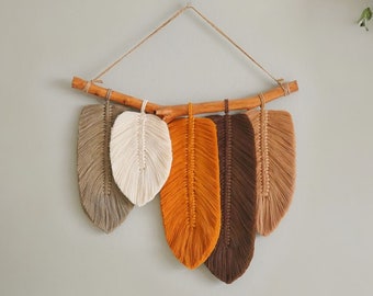 Macrame Feather Wall Hanging, Earth Tone Wall Art, Fall Leaf Wall Hanging, Modern Macrame Wall Art, Boho Wall Decor, Christmas Gifts L04