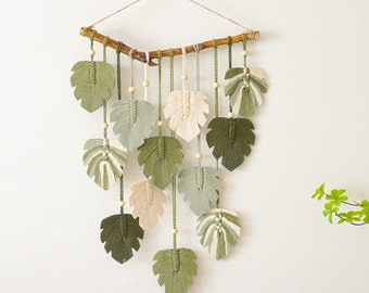 Macrame Leaf Wall Hanging, Variegated Monstera, Safari Nursery Decor, Baby Jungle Theme, Aesthetic Room Decor, Green Leaves Home Gift, L02