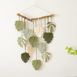 Green Leaves Macrame Wall Hanging, Macrame Feather, Farmhouse Wall Decor, Minimalist Wall Art, Boho Nursery Decor, Gift For The Home L02