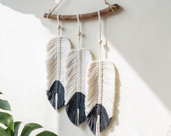 Boho Feather Wall Hanging, Modern Macrame Wall Art, Boho Wall Decor, Nursery Home Decor, Living Room Wall Art, Unique Plant Lover Gifts L05