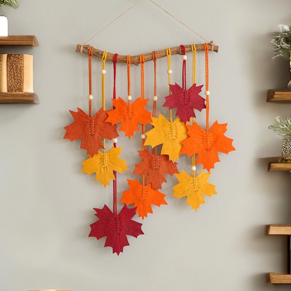 Macrame Leaves Art, Maple Leaf Decor, Above Bed Decor, Thanksgiving Decor, Tapestry Wall Decor, Driftwood Wall Art, Farmhouse Fall L28