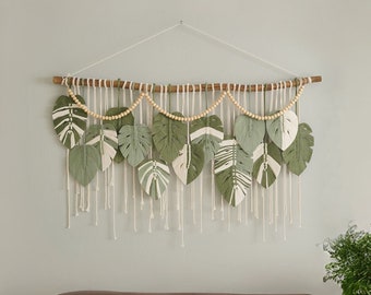 Green Leaves Macrame Wall Hanging, Macrame Feather, Farmhouse Wall Decor, Minimalist Wall Art, Boho Nursery Decor, Gift For The Home L37