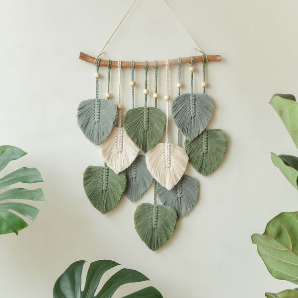 Green Leaves Macrame Wall Hanging, Macrame Feather, Farmhouse Wall Decor, Minimalist Wall Art, Boho Nursery Decor, Gift For The Home L02