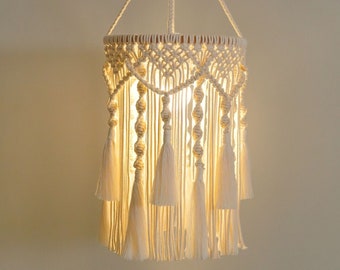 Macrame Hanging Lantern, Boho Pendant Lamp, Tassel Chandelier for Wedding, Unique Handmade Macrame Lampshade, Bohemian Light Decor V09