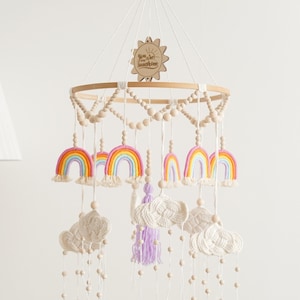 Baby Mobile Rainbow Macrame, Personalized Gift, Boho Newborn Decor, Baby Shower Gift for Newborn, Neutral Gender Baby, Hanging Mobile W09