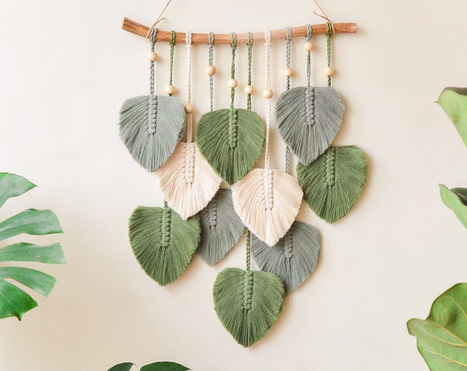 Green Leaves Macrame Wall Hanging, Macrame Feather, Farmhouse Wall Decor, Minimalist Wall Art, Boho Nursery Decor, Gift For The Home L02